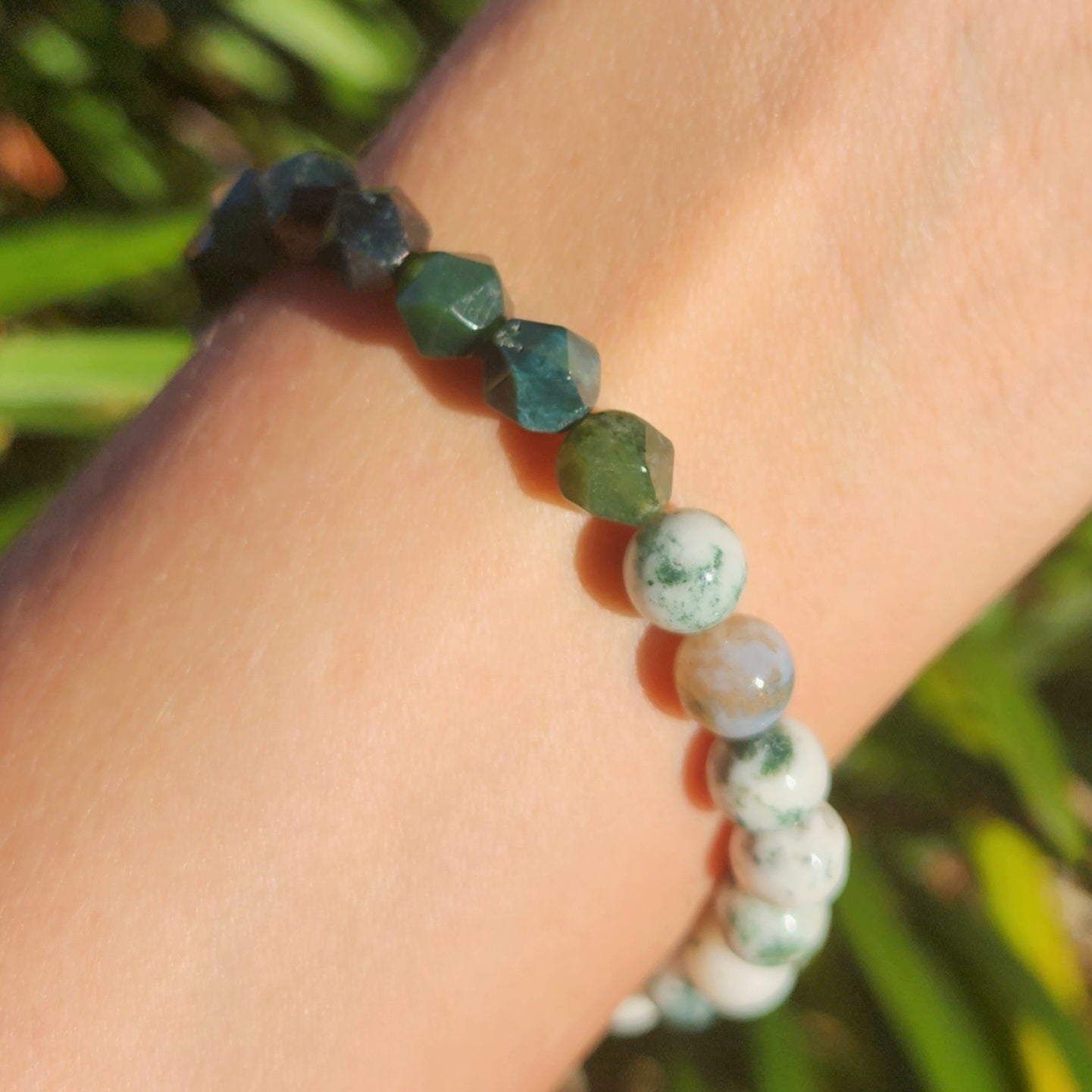 Tree Agate & Faceted Moss Agate Stretchy Bracelet