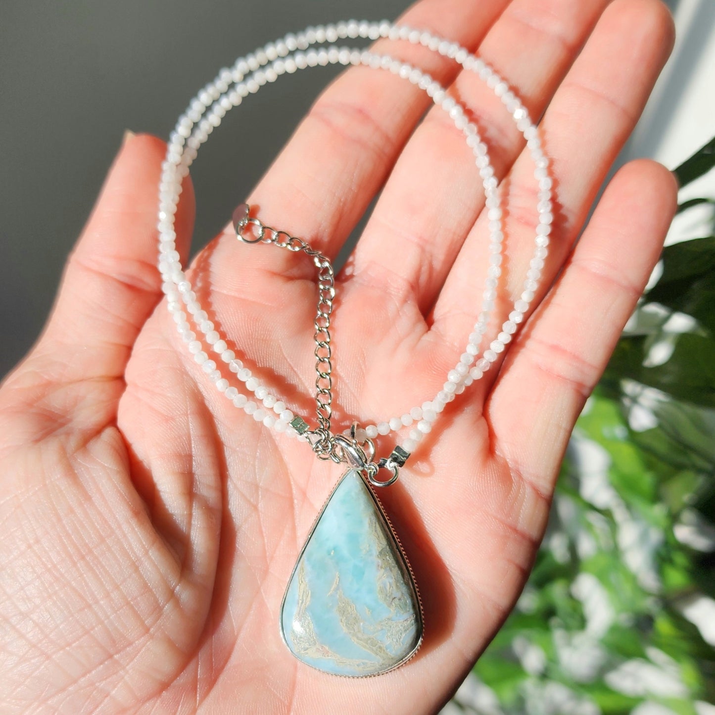 Larimar Pendant on Rainbow Moonstone 2mm beaded necklace.