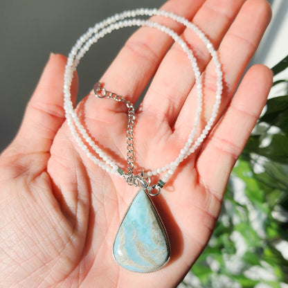 Larimar Pendant on Rainbow Moonstone 2mm beaded necklace.