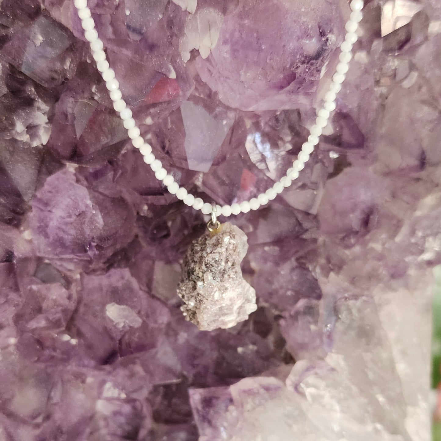 Gemmy Lepidolite Pendant on Rainbow Moonstone 2mm beaded necklace