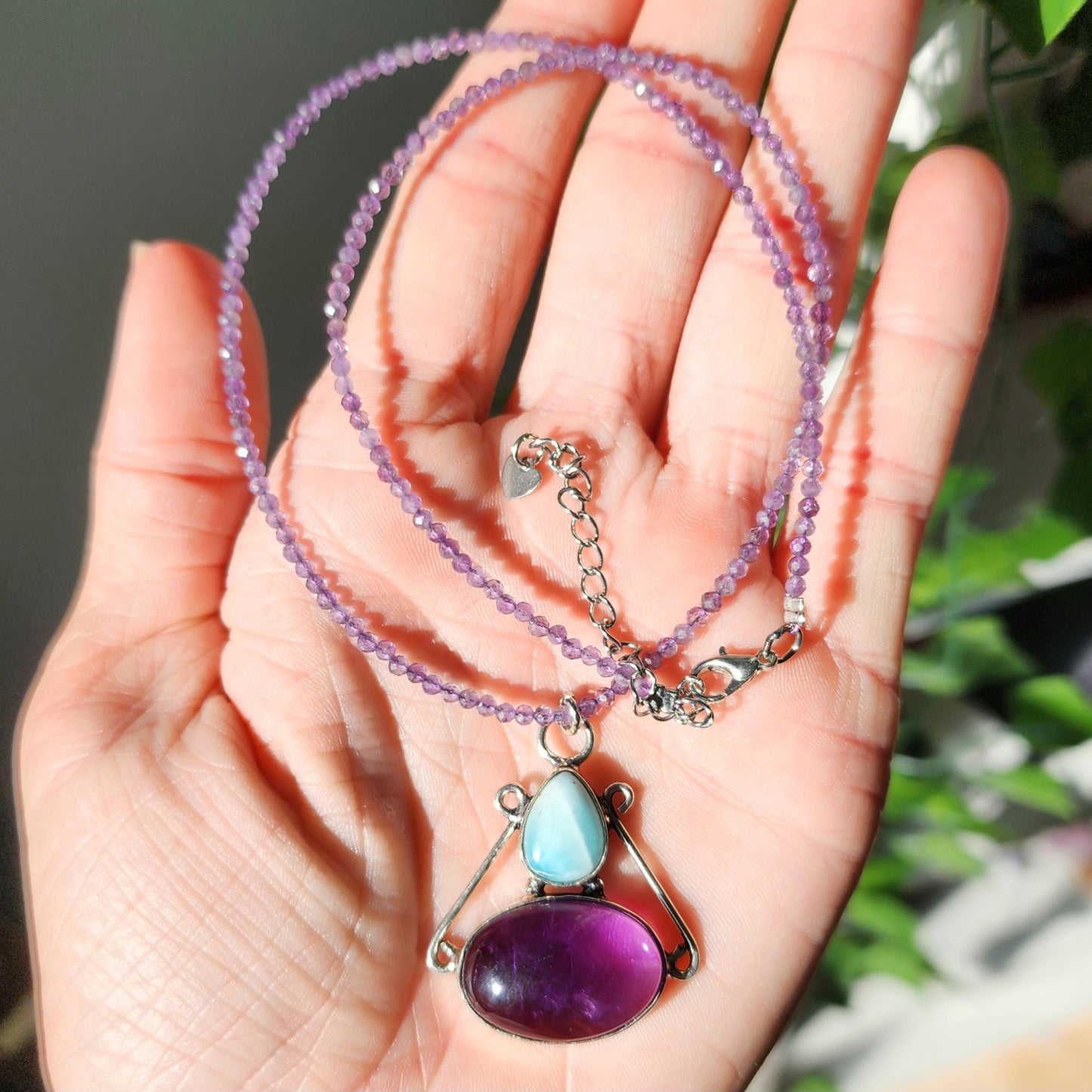 Larimar & Amethyst Pendant on Amethyst 2mm beaded necklace