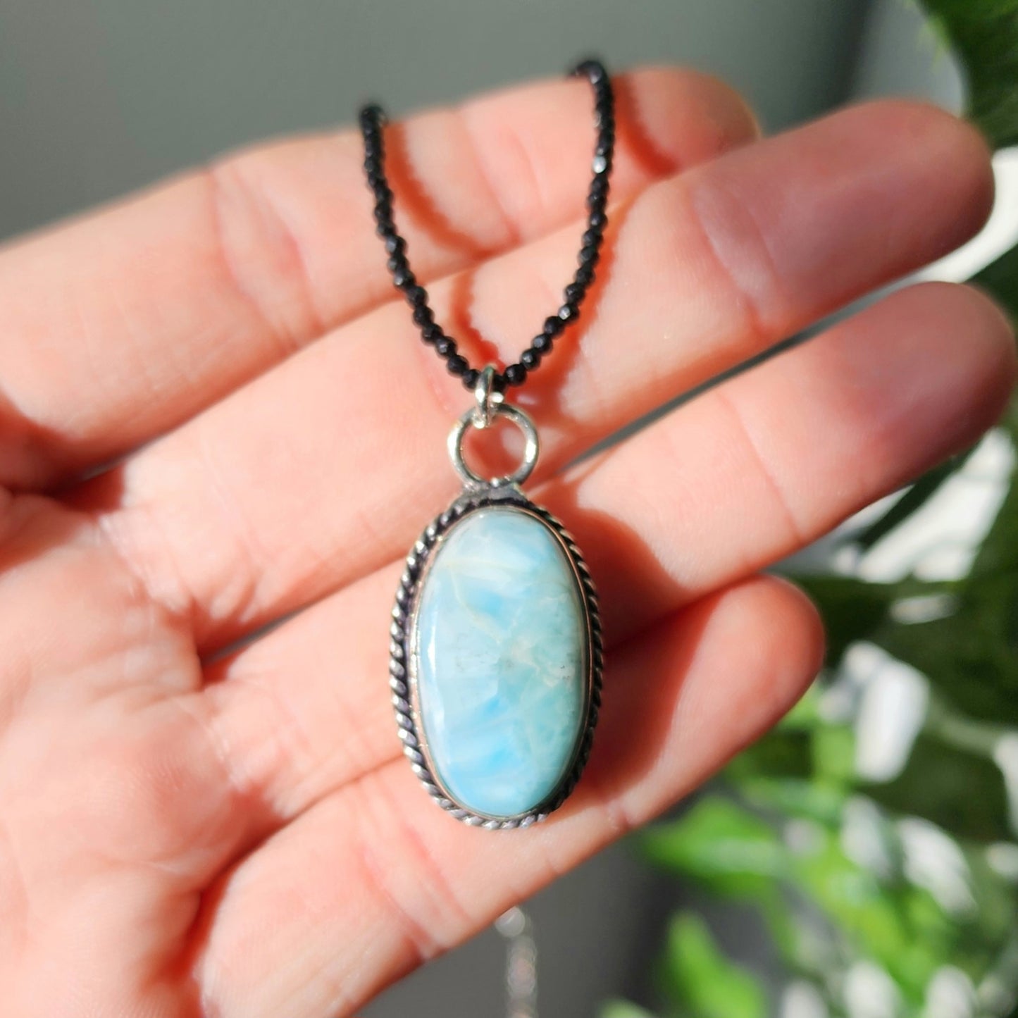 Larimar Pendant on Black Tourmaline 2mm beaded necklace