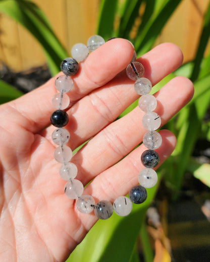 Black Tourmaline in Quartz Stretchy Bracelet aka Tourmalinated Quartz