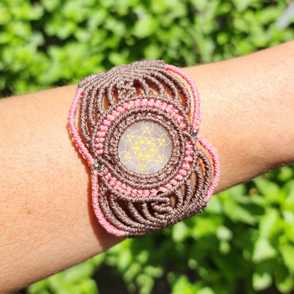 Rose Quartz Metatron's Cube Macrame Cuff Bracelet