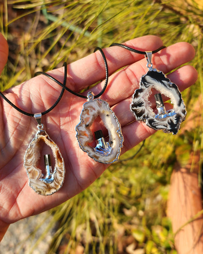 Oco Geode Slice with Black Tourmaline Necklace