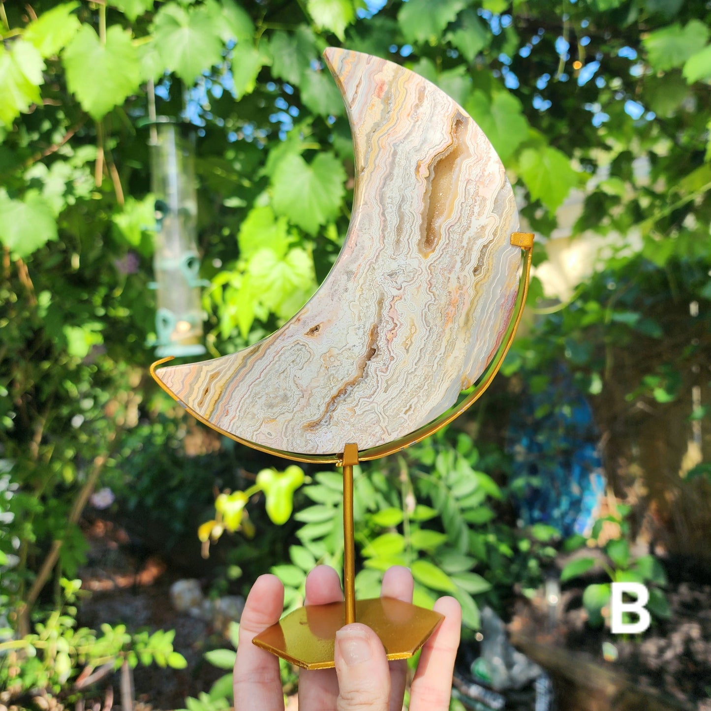 Crazy Lace Agate Moon on Stand