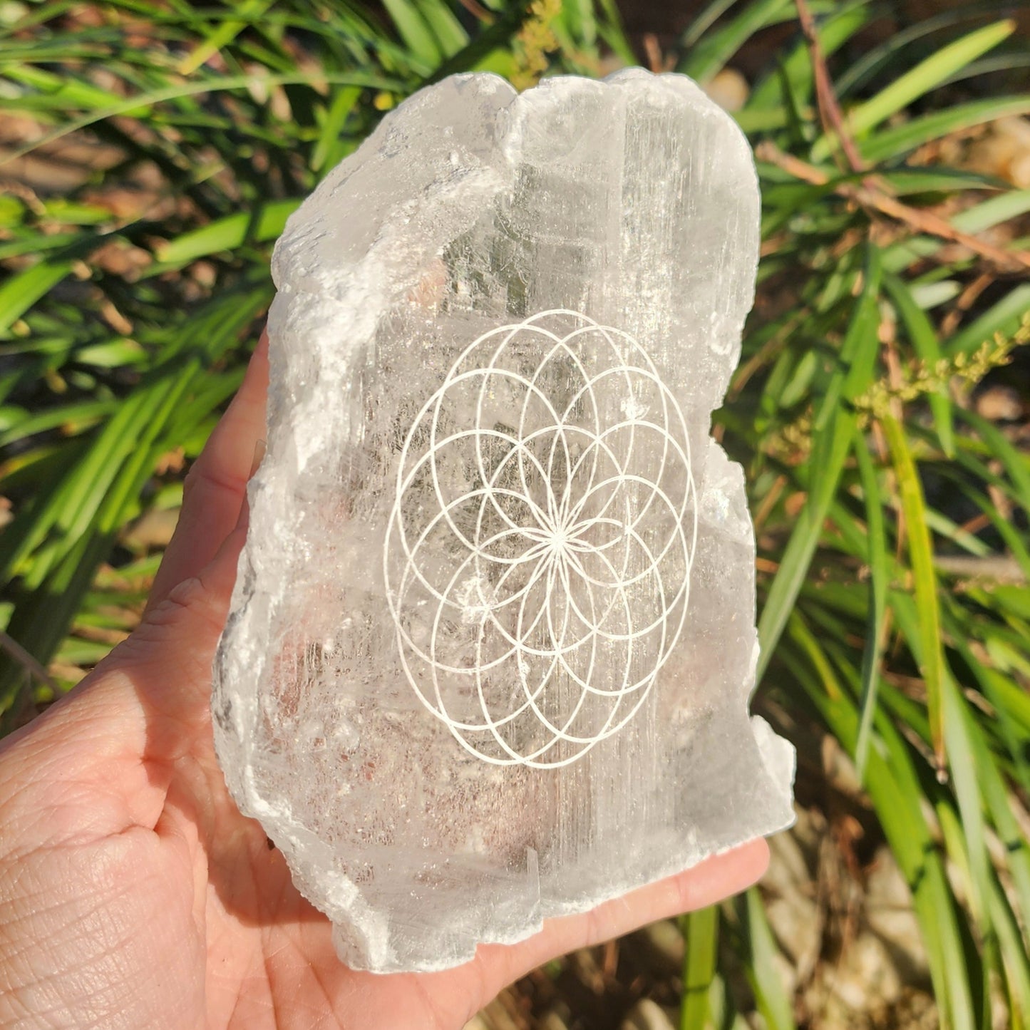 True Selenite Self Standing Slab w/ Geometric Pattern