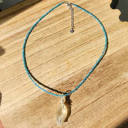 Libyan Desert Glass Pendant on Blue Apatite 2mm beaded necklace