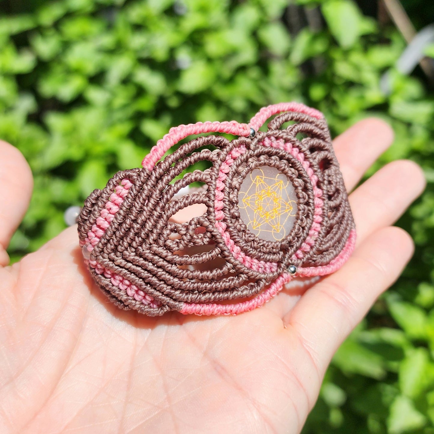 Rose Quartz Metatron's Cube Macrame Cuff Bracelet