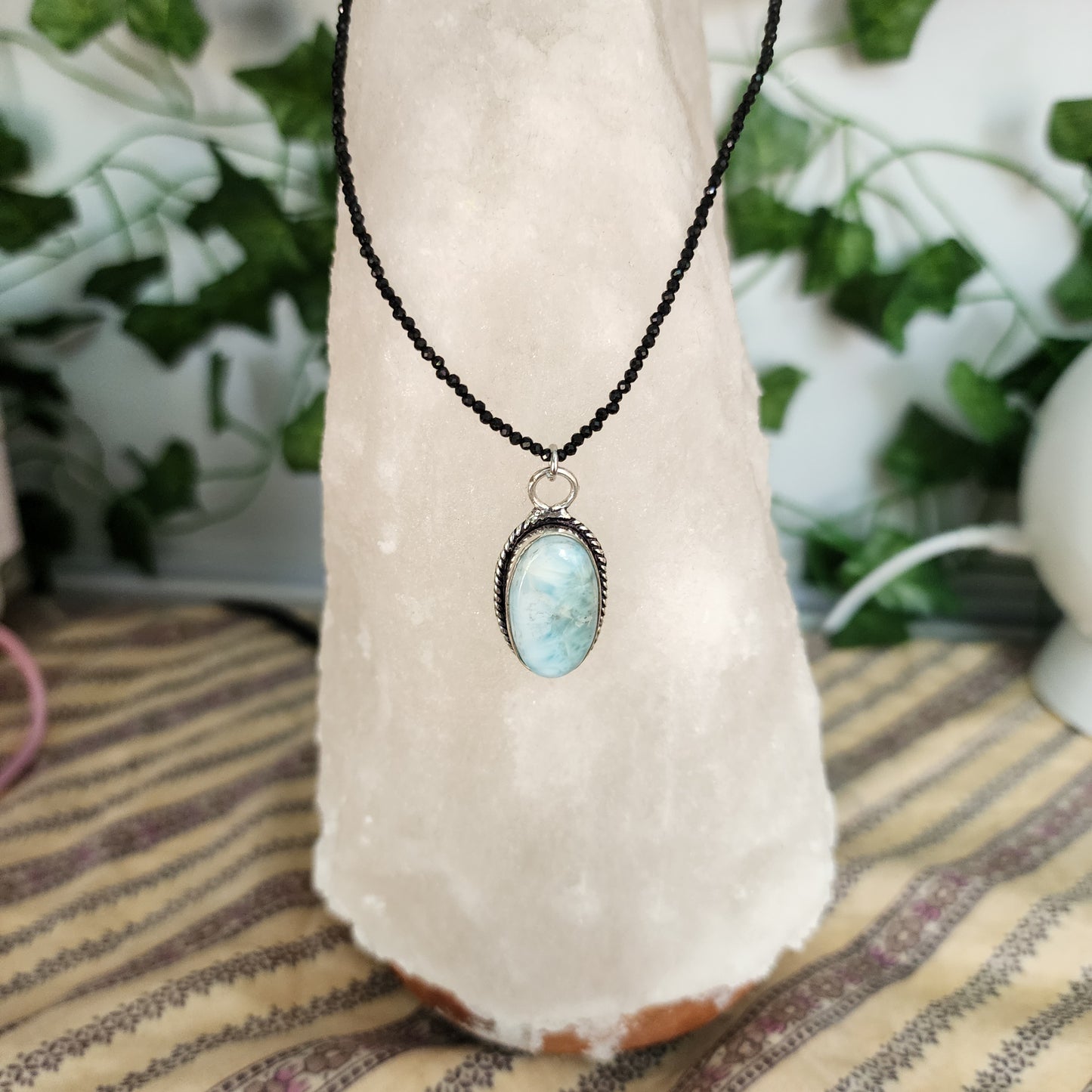 Larimar Pendant on Black Tourmaline 2mm beaded necklace