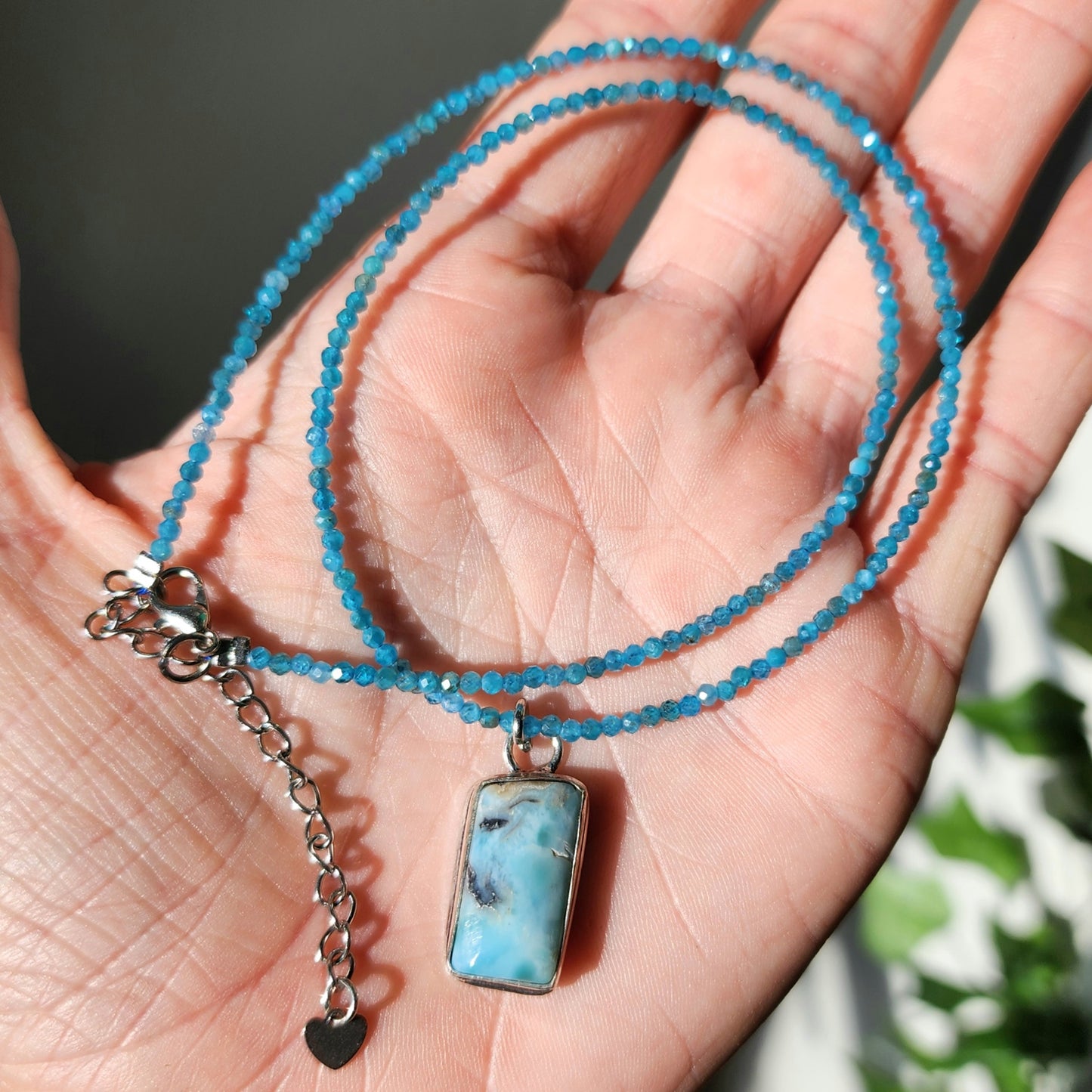 Larimar Pendant on Blue Apatite 2mm beaded necklace