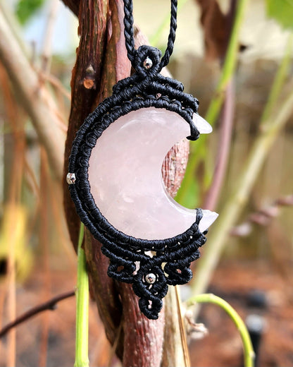 Rose Quartz Moon Macrame Necklace