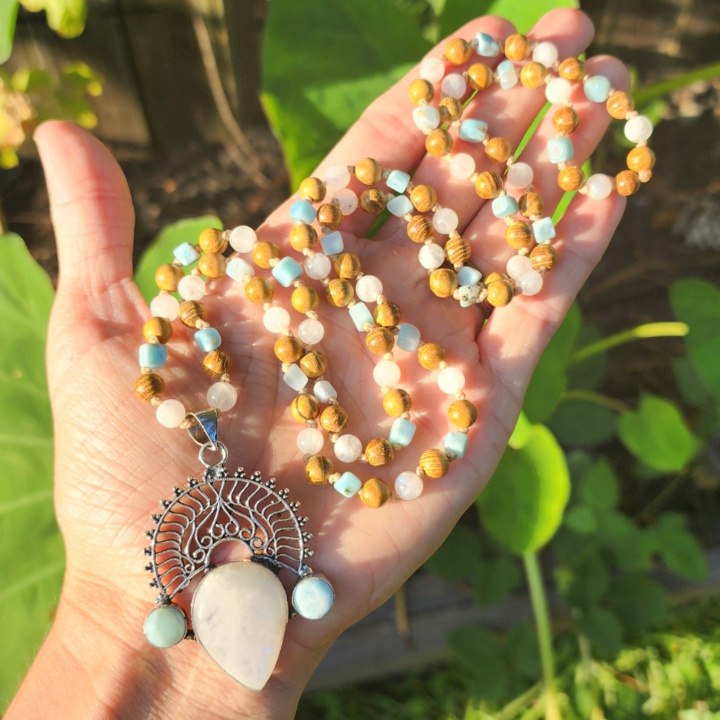 Rainbow Moonstone & Larimar Mala Necklace