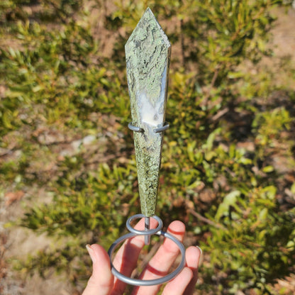 Moss Agate Wand on Stand