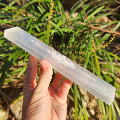 Satin Spar Selenite Luna Moth Stick