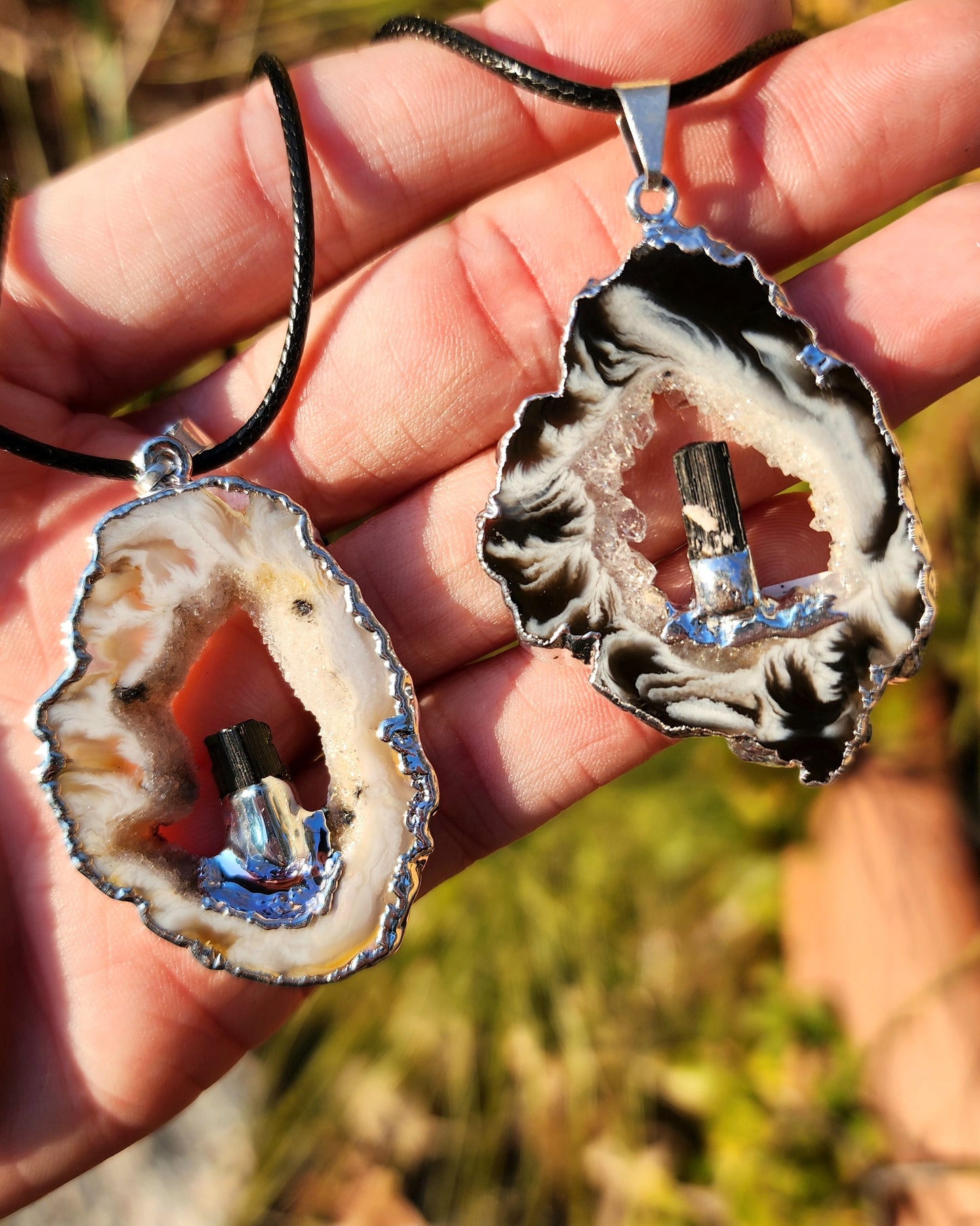 Oco Geode Slice with Black Tourmaline Necklace