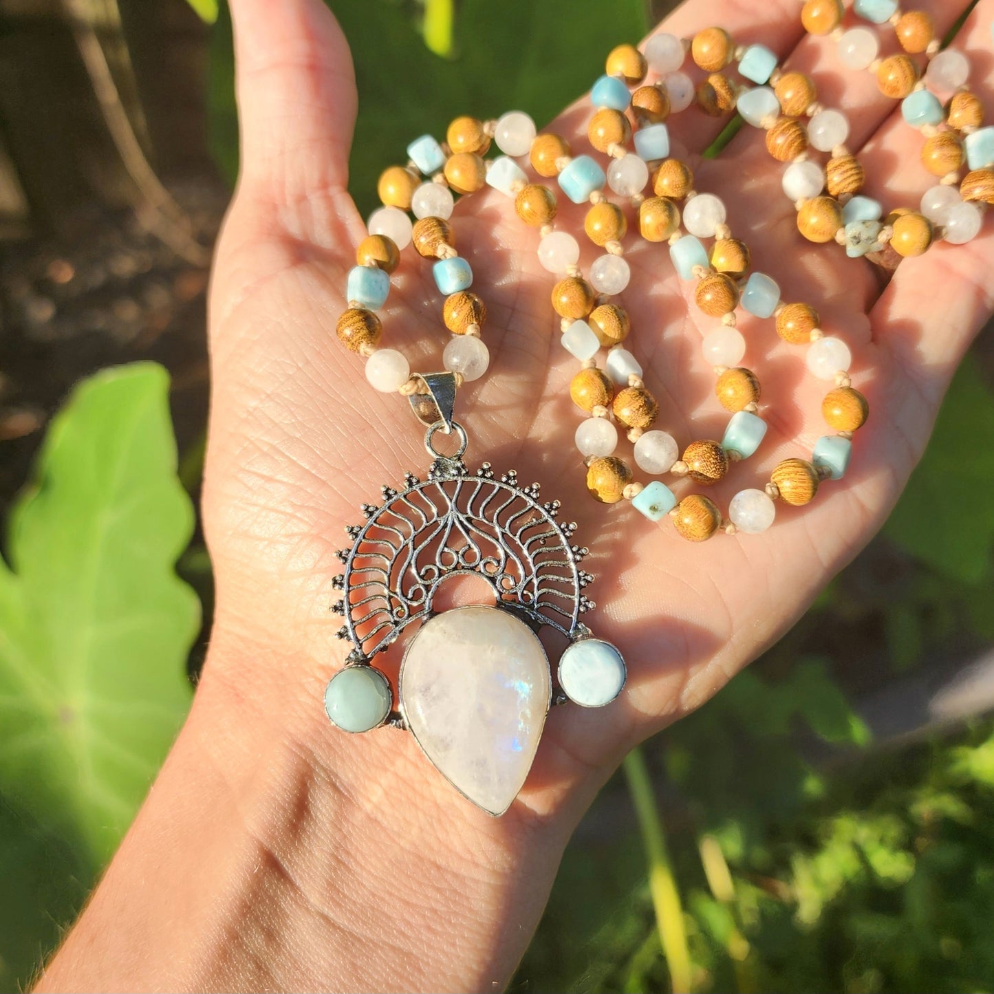 Rainbow Moonstone & Larimar Mala Necklace