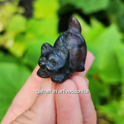 Kitty Carving (Garnet in Arfvedsonite, Lepidolite, Obsidian, Strawberry Quartz, White Jade)