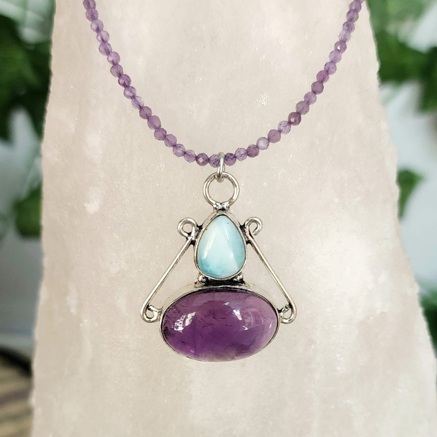 Larimar & Amethyst Pendant on Amethyst 2mm beaded necklace