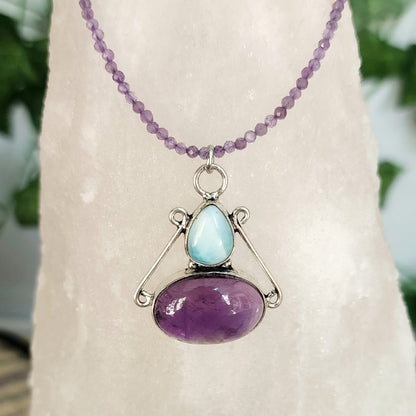 Larimar & Amethyst Pendant on Amethyst 2mm beaded necklace