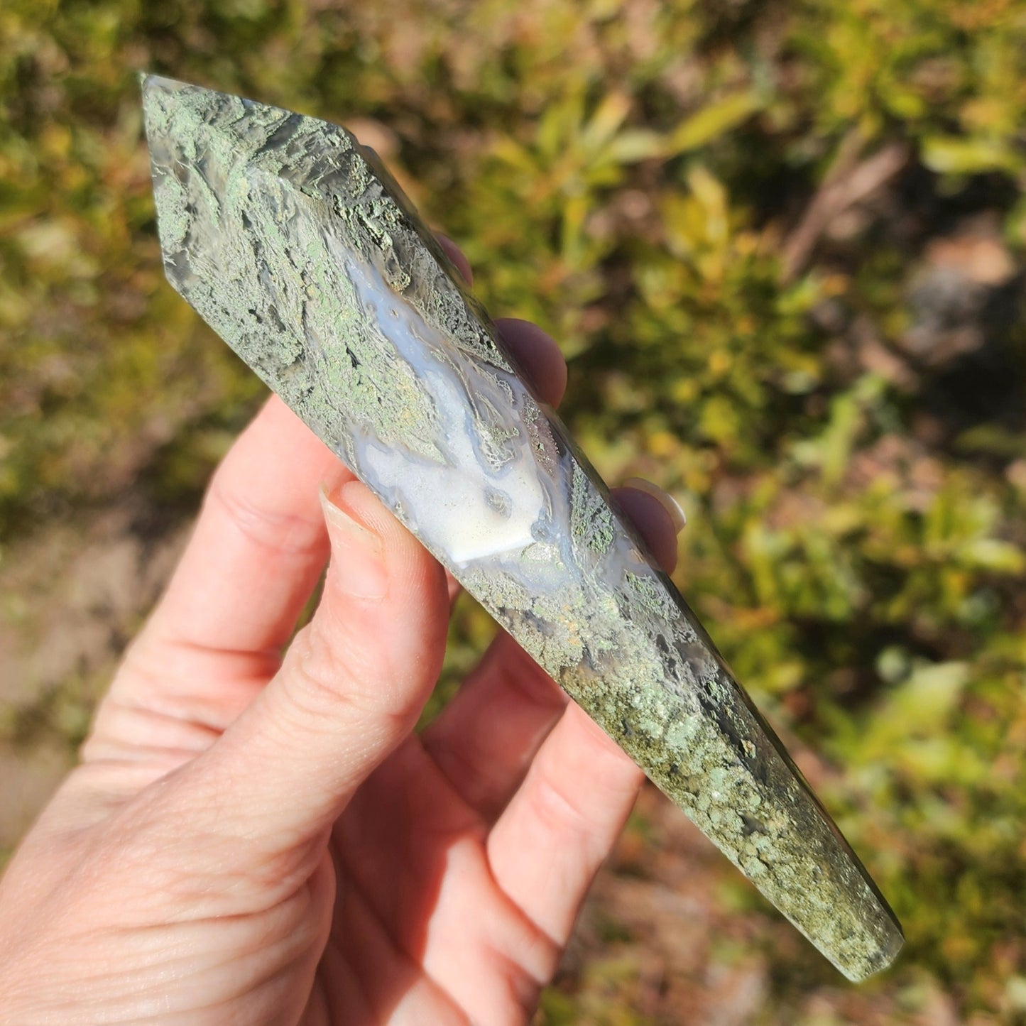 Moss Agate Wand on Stand