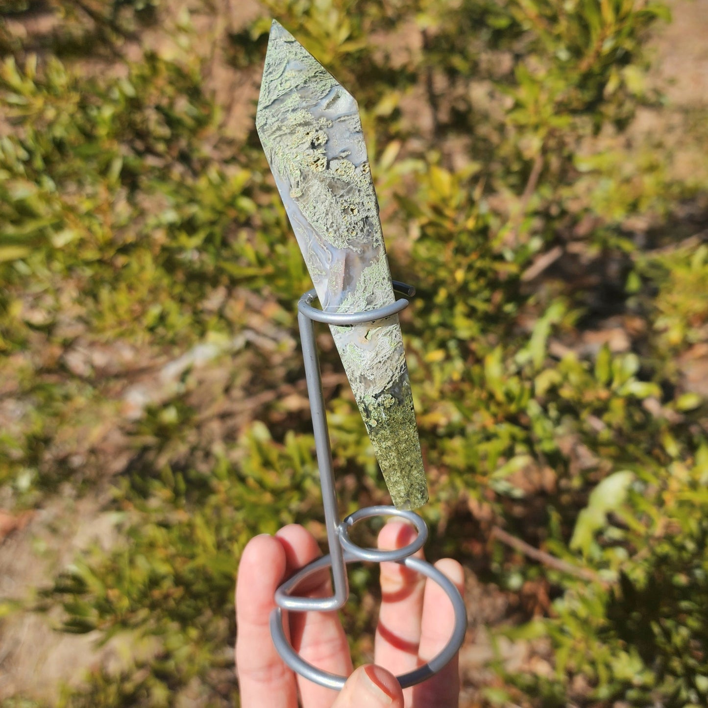 Moss Agate Wand on Stand