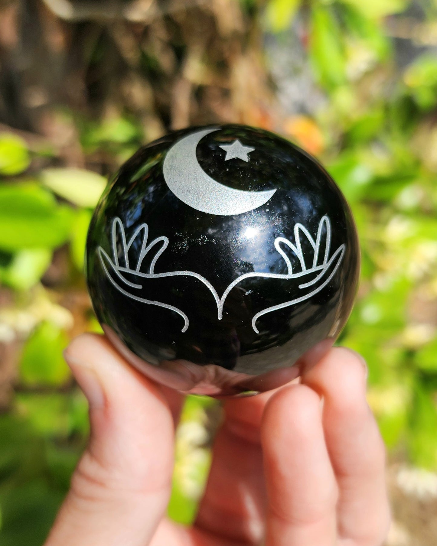 Black Obsidian Sphere with Decorative Etching