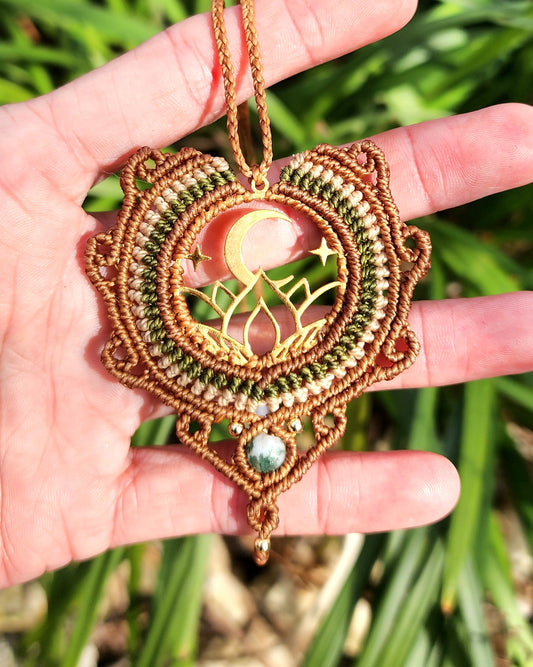 Moss Agate Moon & Lotus Macrame Necklace