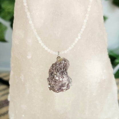 Gemmy Lepidolite Pendant on Rainbow Moonstone 2mm beaded necklace