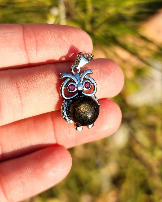 Golden Sheen Obsidian & Garnet Owl Necklace