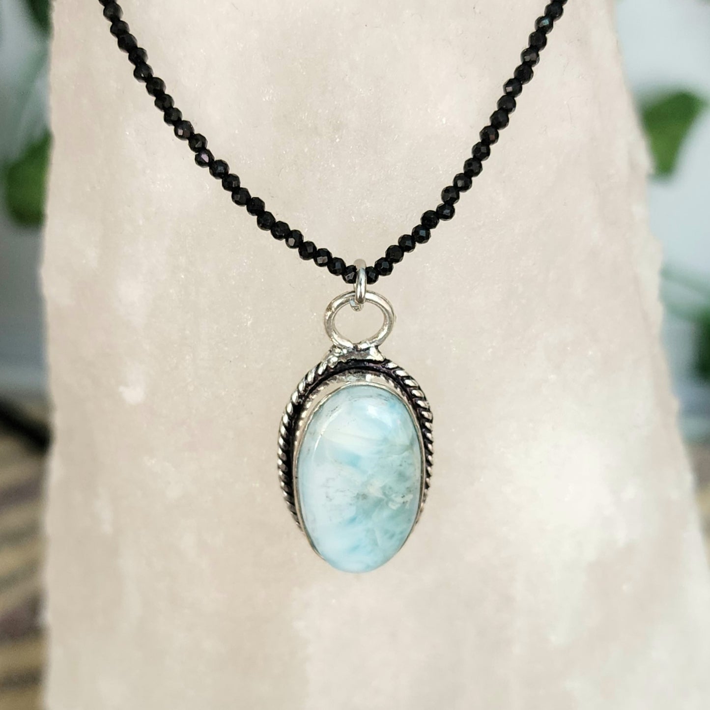 Larimar Pendant on Black Tourmaline 2mm beaded necklace