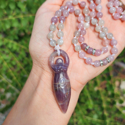 Lavender Rose Quartz Goddess Mala Necklace