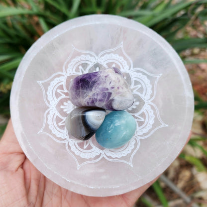 Satin Spar Selenite Lotus Mandala Bowl