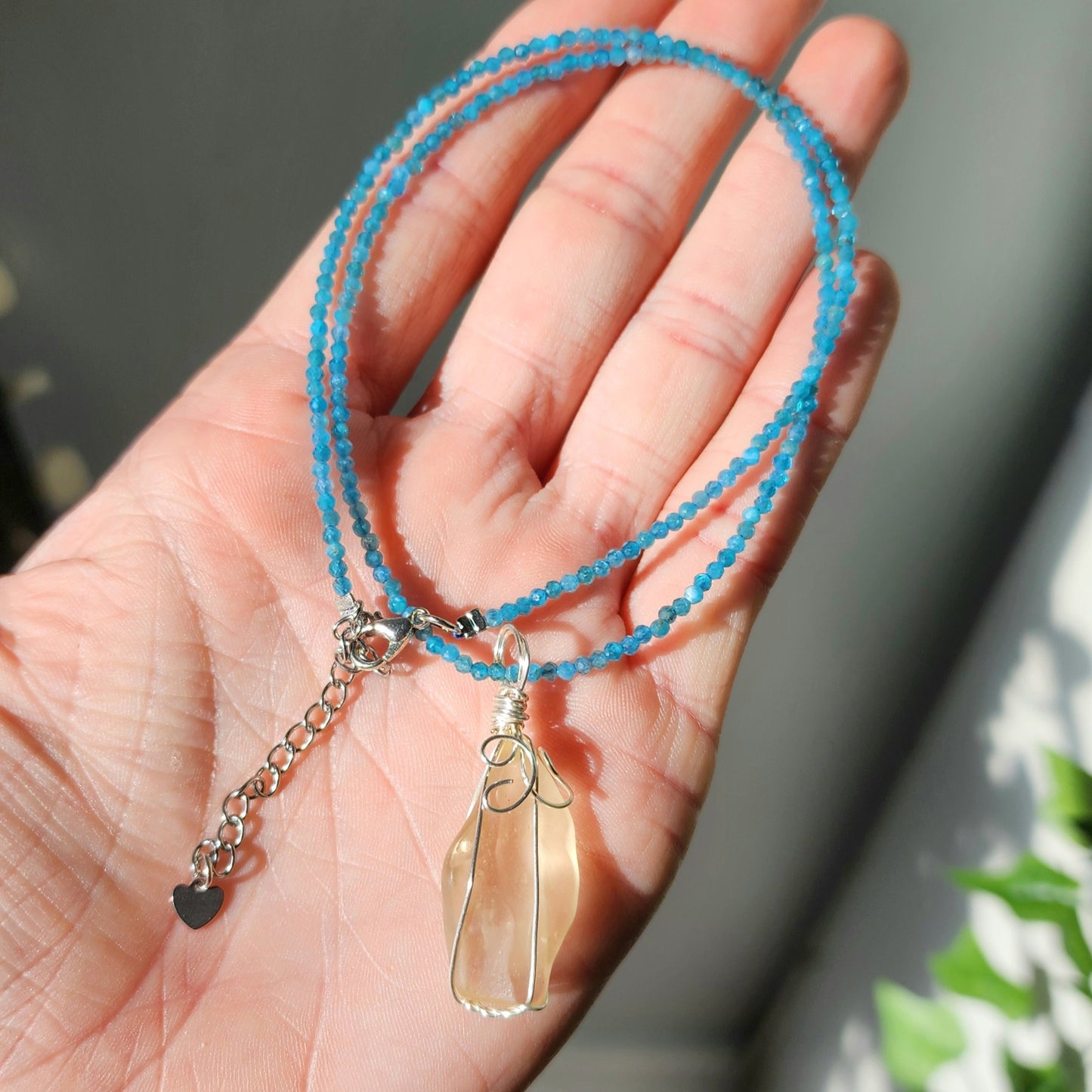 Libyan Desert Glass Pendant on Blue Apatite 2mm beaded necklace