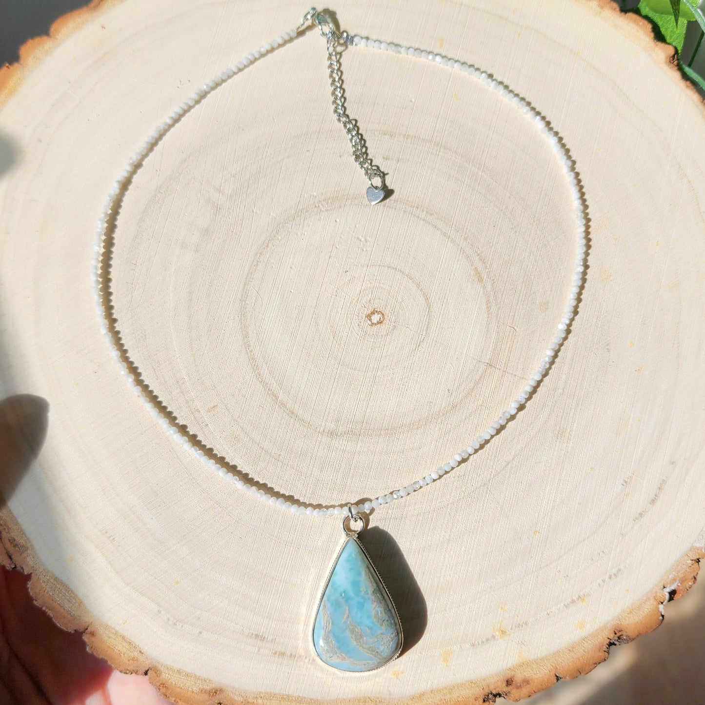 Larimar Pendant on Rainbow Moonstone 2mm beaded necklace.