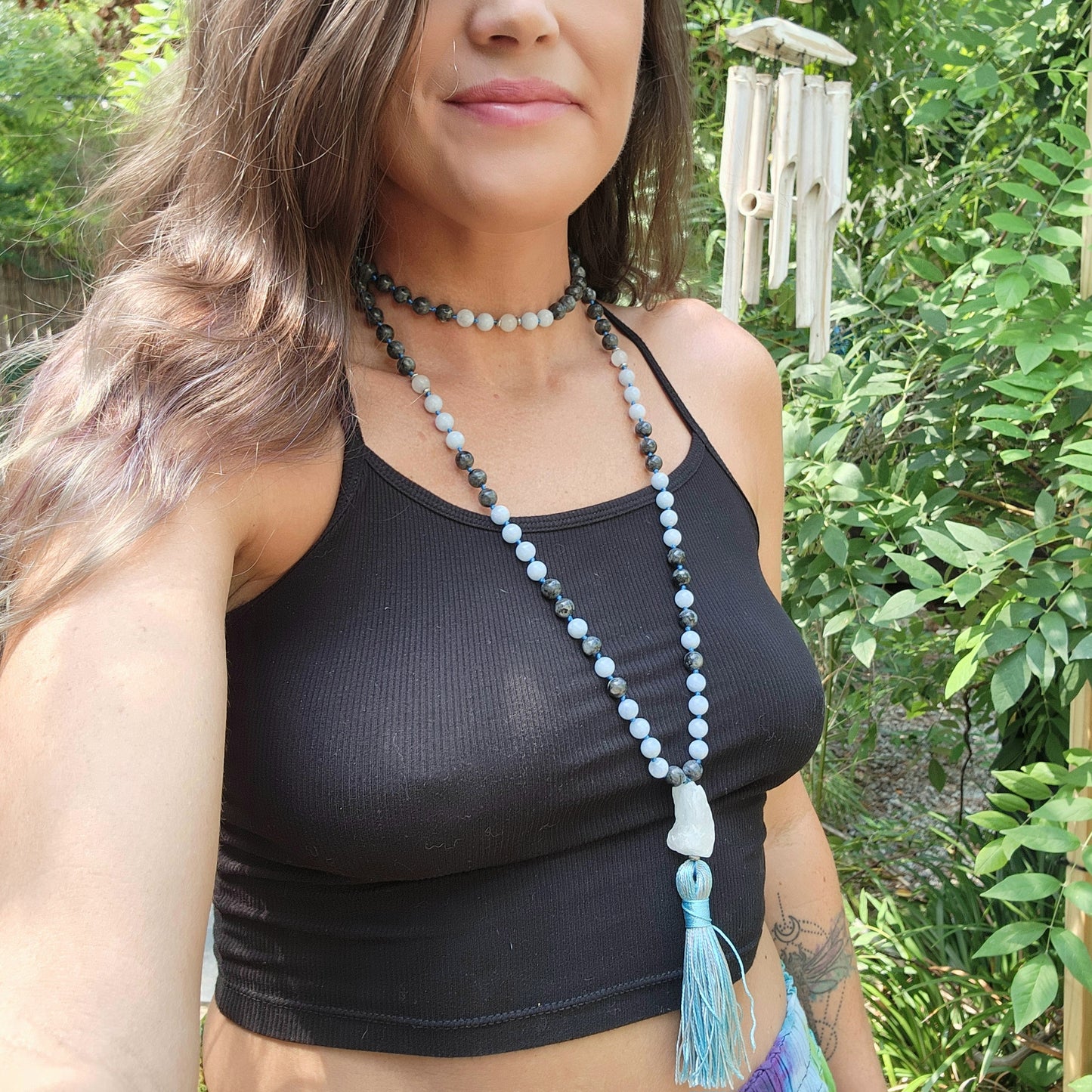 Aquamarine & Larvikite Mala Necklace