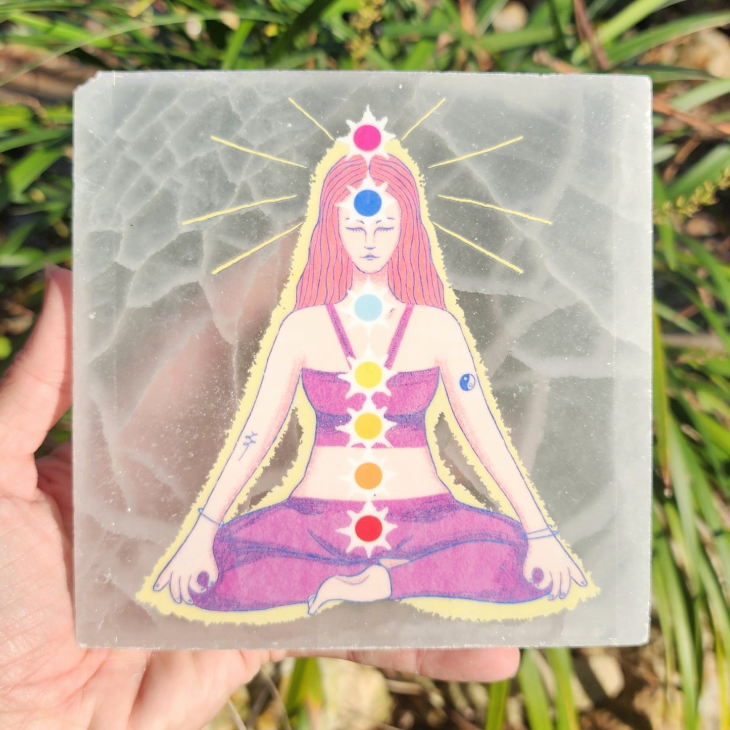 Satin Spar Selenite Yoga Girl Plate