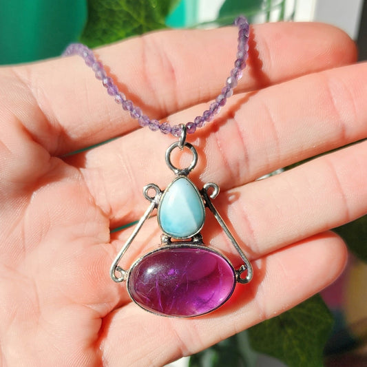 Larimar & Amethyst Pendant on Amethyst 2mm beaded necklace