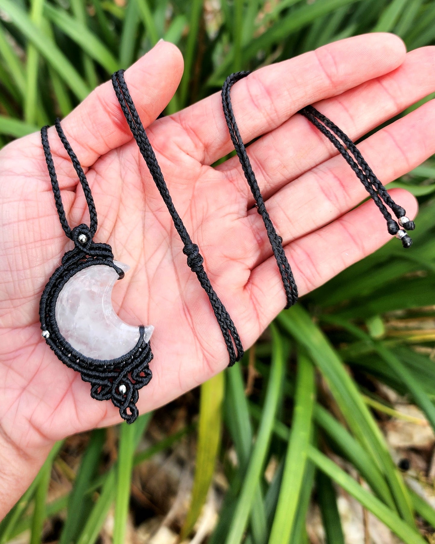 Clear Quartz Moon Macrame Necklace