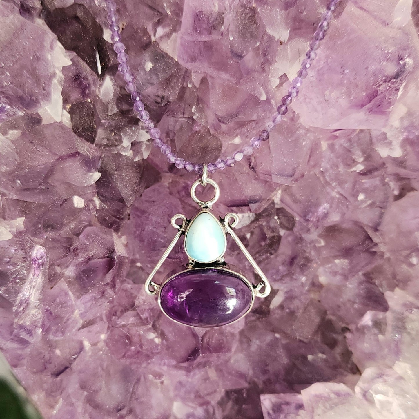 Larimar & Amethyst Pendant on Amethyst 2mm beaded necklace