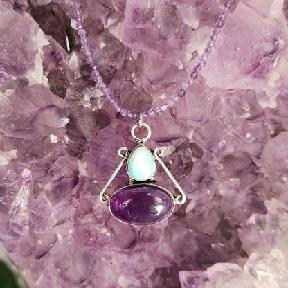 Larimar & Amethyst Pendant on Amethyst 2mm beaded necklace