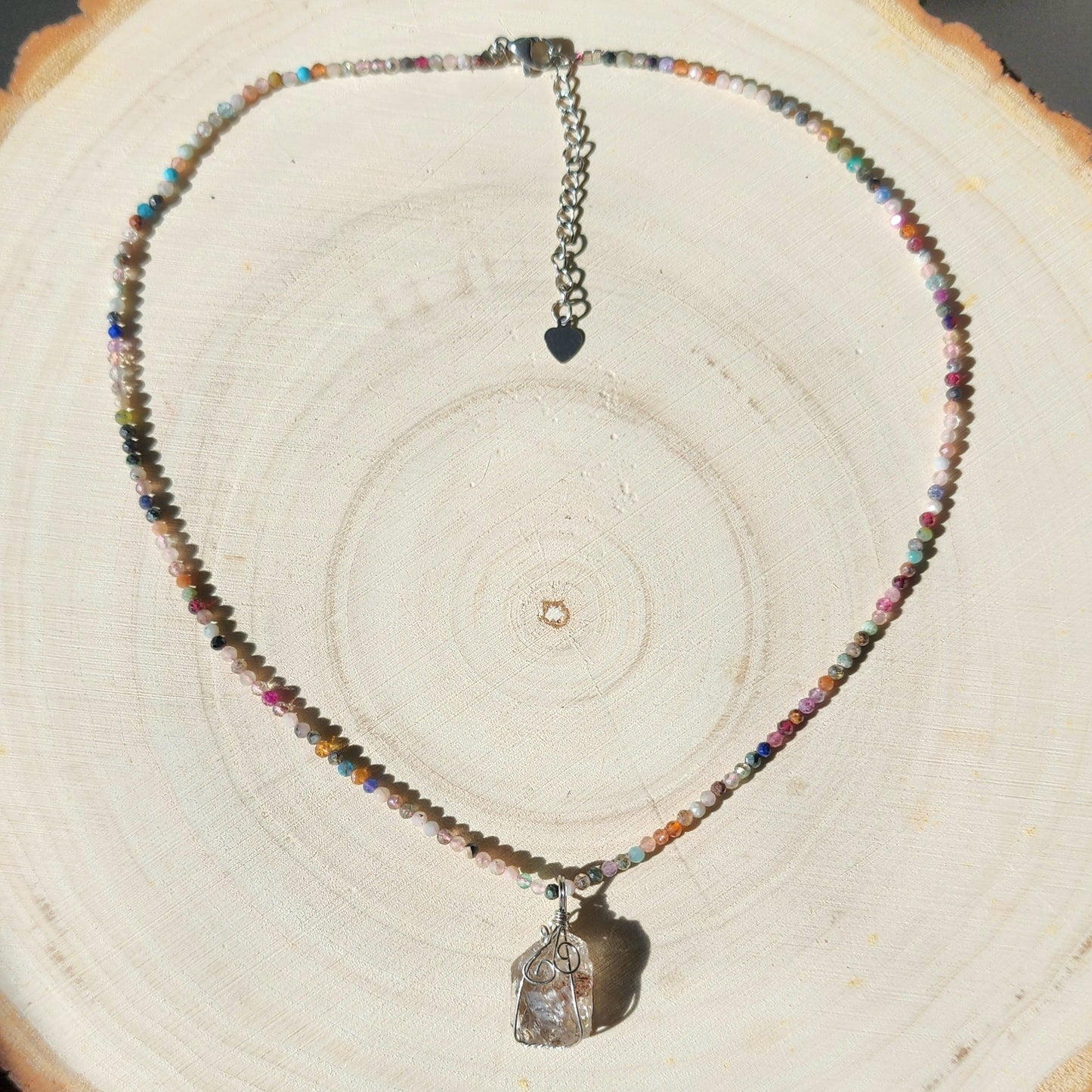 Pakimer 'Diamond' Quartz Pendant on Mixed Gemstone 2mm beaded necklace