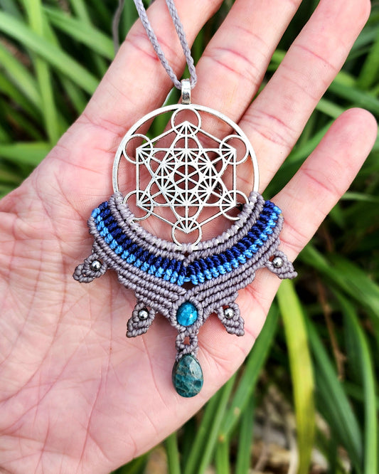 Blue Apatite Metatron's Cube Macrame Necklace