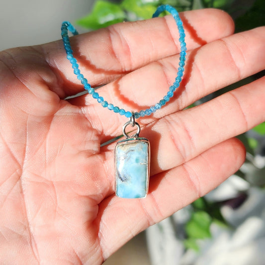 Larimar Pendant on Blue Apatite 2mm beaded necklace