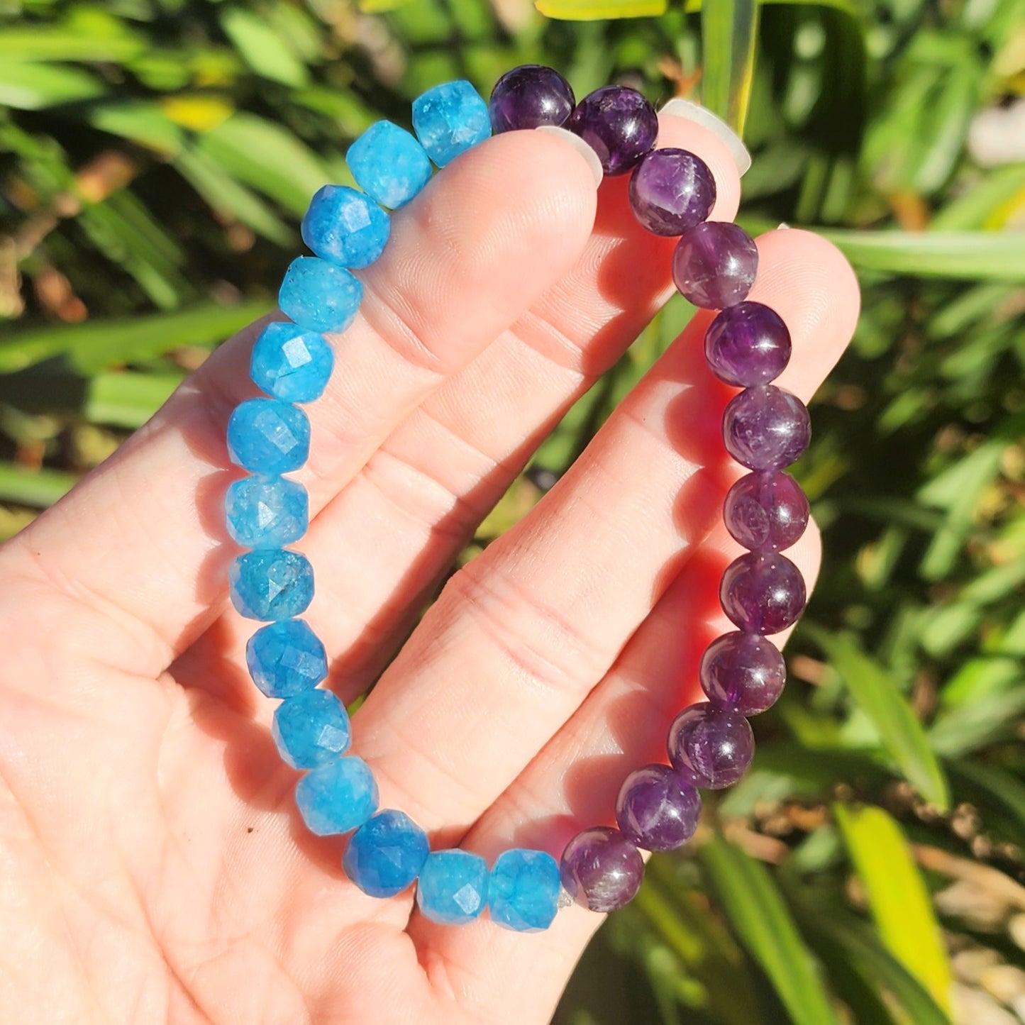 Amethyst & Faceted Blue Apatite Stretchy Bracelet