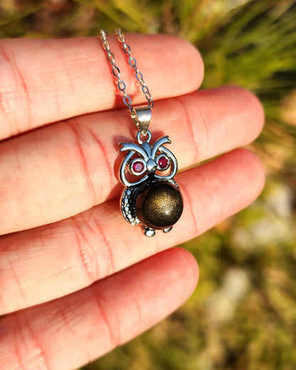 Golden Sheen Obsidian & Garnet Owl Necklace