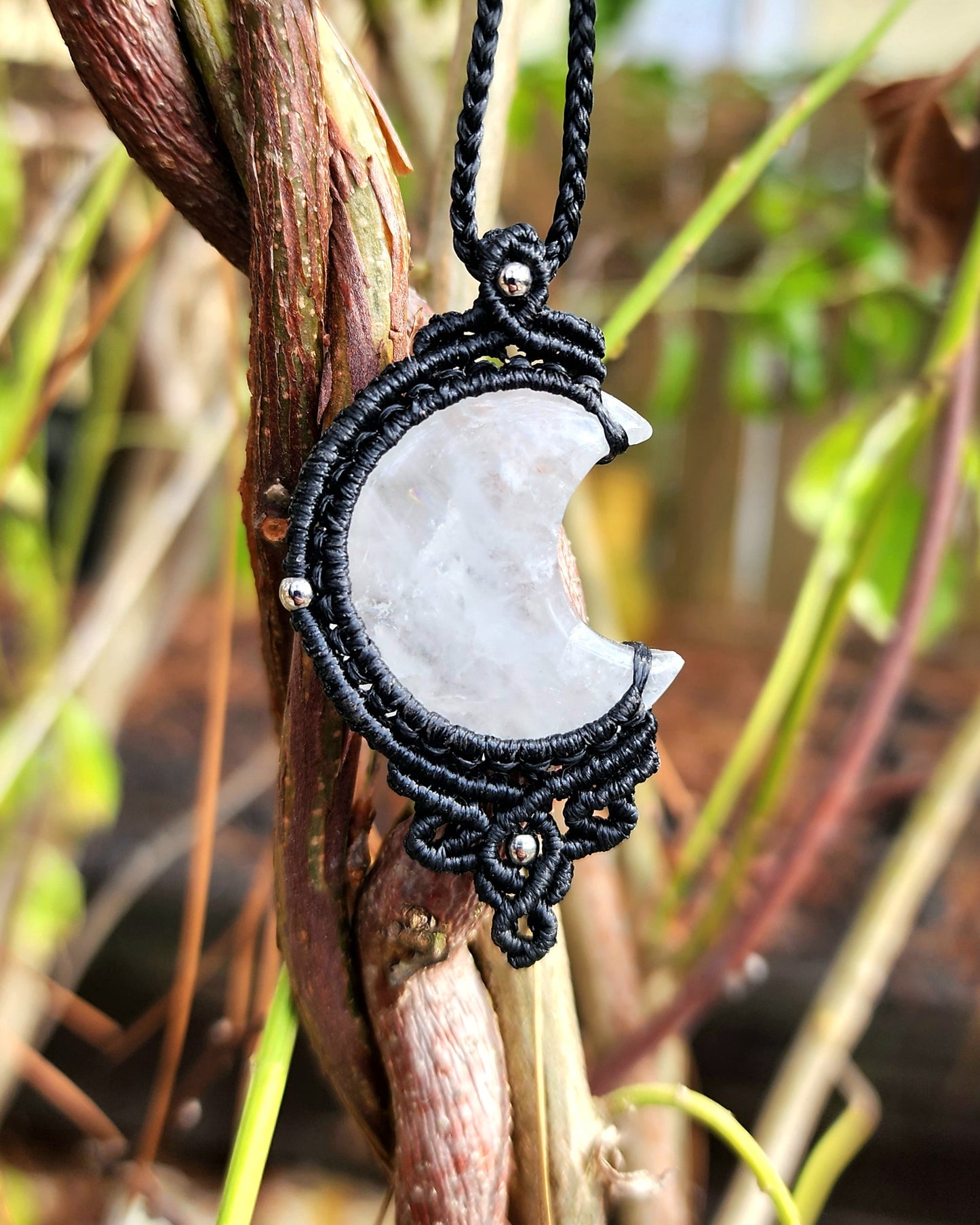 Clear Quartz Moon Macrame Necklace