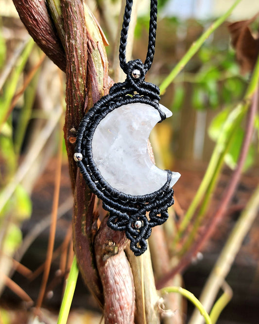 Clear Quartz Moon Macrame Necklace