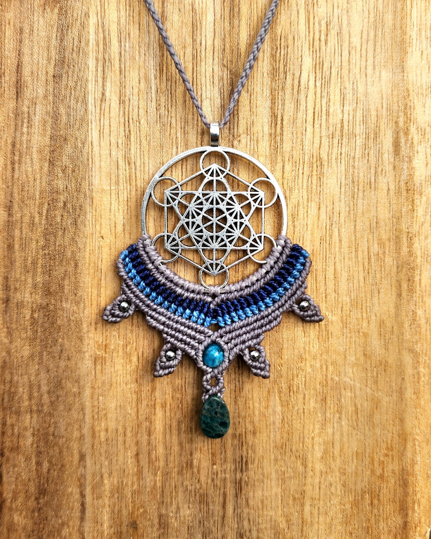Blue Apatite Metatron's Cube Macrame Necklace