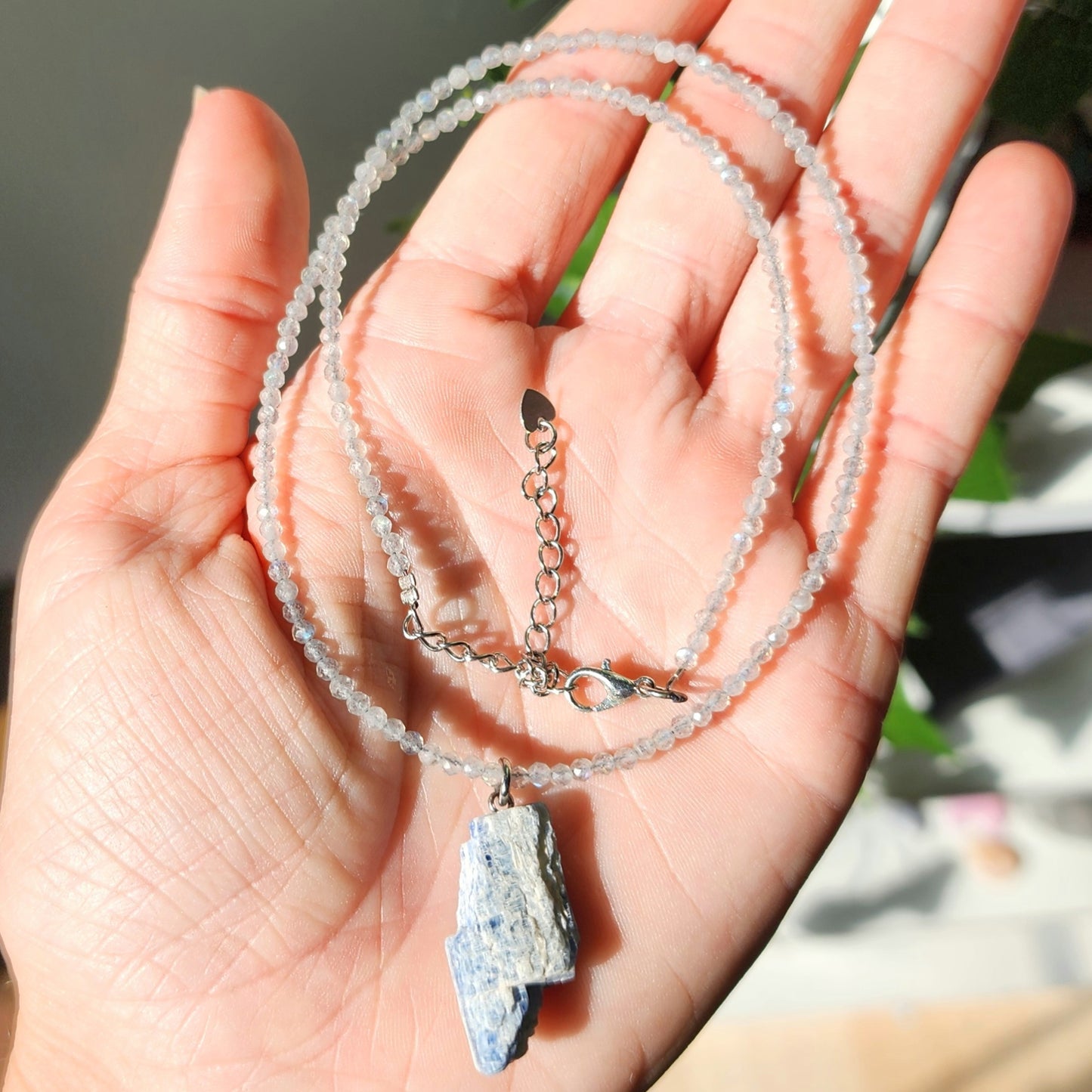 Blue Kyanite Pendant on Labradorite 2mm beaded necklace